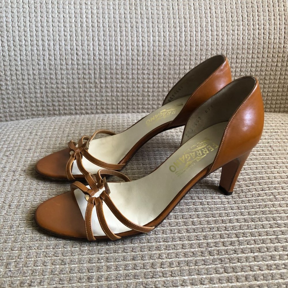 Salvatore Ferragamo Tan Leather Open-Toe Heels